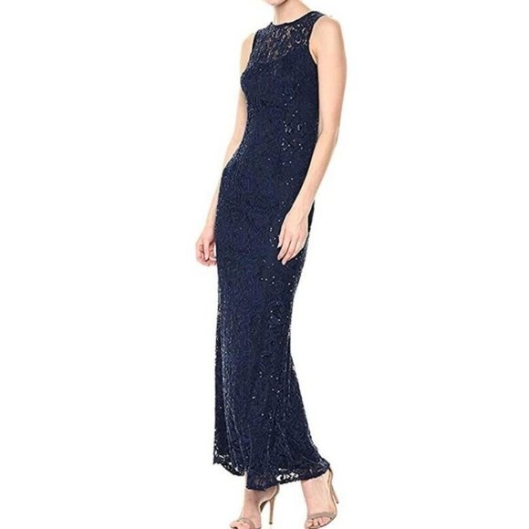 NEW MARINA Sequin Lace Gown Dress Sz 6 Navy Blue Sleeveless Sheath Keyhole Back - Picture 1 of 16